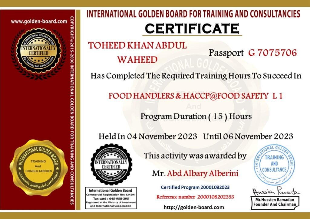 Waheed Toheed Food handlers & HACCP@Food safety course certificates-2 – البورد الذهبي ...